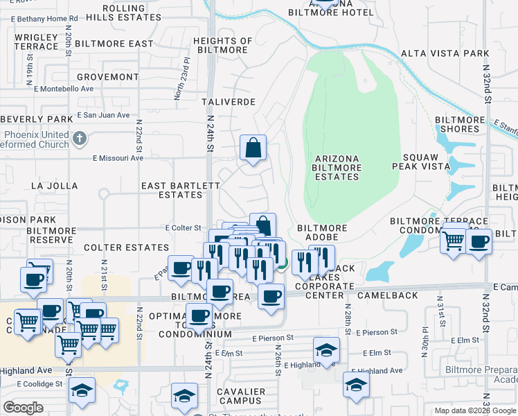 map of restaurants, bars, coffee shops, grocery stores, and more near 2554 East Georgia Avenue in Phoenix