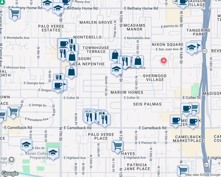 map of restaurants, bars, coffee shops, grocery stores, and more near 1123 East Georgia Avenue in Phoenix