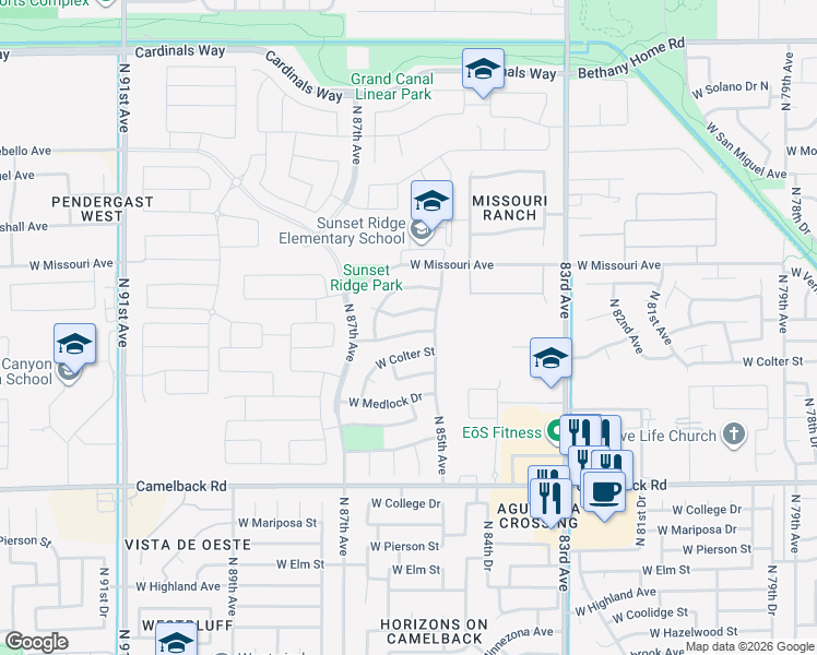 map of restaurants, bars, coffee shops, grocery stores, and more near 8533 West Georgia Avenue in Glendale