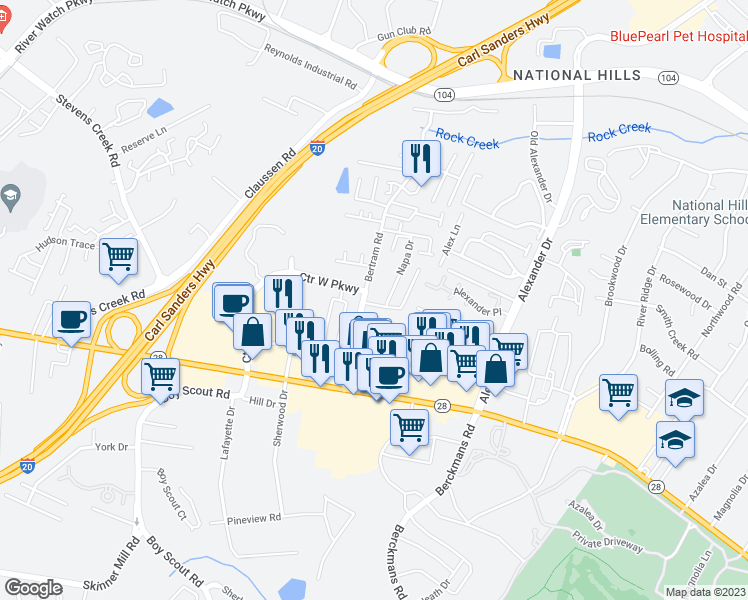 map of restaurants, bars, coffee shops, grocery stores, and more near 212 Napa Drive in Augusta