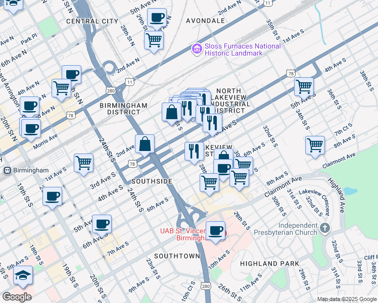 map of restaurants, bars, coffee shops, grocery stores, and more near 2725 4th Avenue South in Birmingham