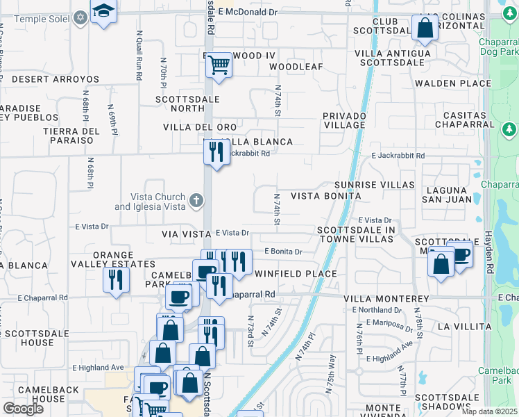 map of restaurants, bars, coffee shops, grocery stores, and more near 5249 North 73rd Place in Scottsdale