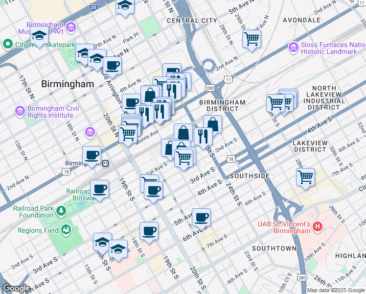 map of restaurants, bars, coffee shops, grocery stores, and more near 2200 Powell Avenue South in Birmingham