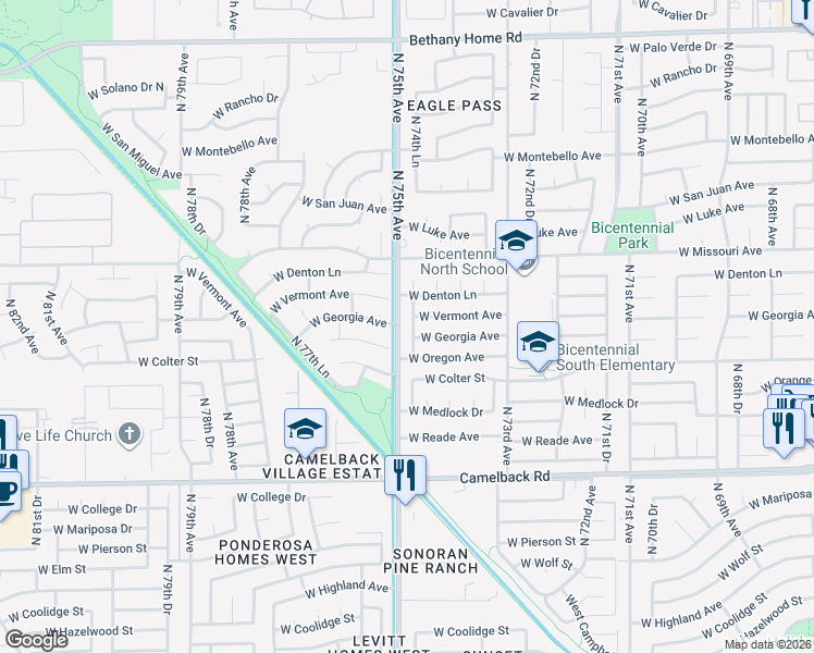 map of restaurants, bars, coffee shops, grocery stores, and more near 5238 North 74th Drive in Glendale