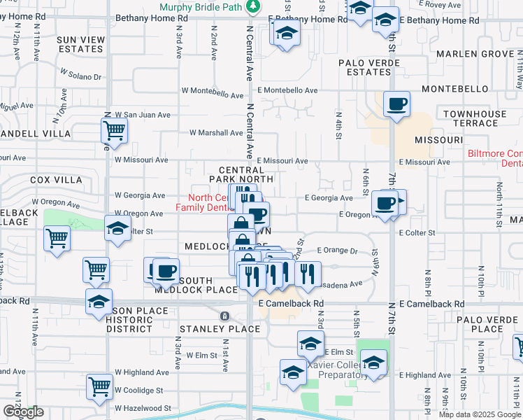 map of restaurants, bars, coffee shops, grocery stores, and more near 77 East Missouri Avenue in Phoenix
