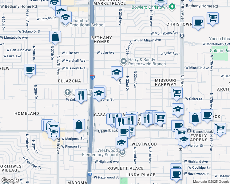map of restaurants, bars, coffee shops, grocery stores, and more near 5233 North 23rd Avenue in Phoenix