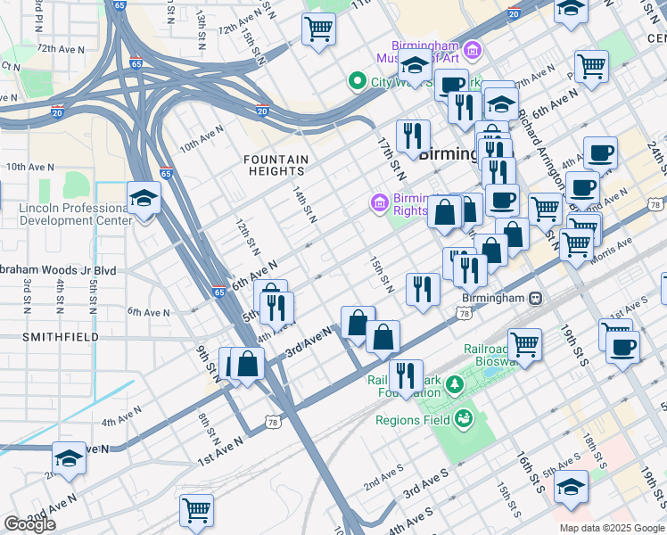 map of restaurants, bars, coffee shops, grocery stores, and more near 114 14th Street North in Birmingham