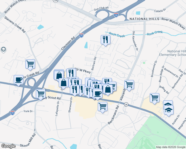 map of restaurants, bars, coffee shops, grocery stores, and more near 108 Arborside Drive in Augusta