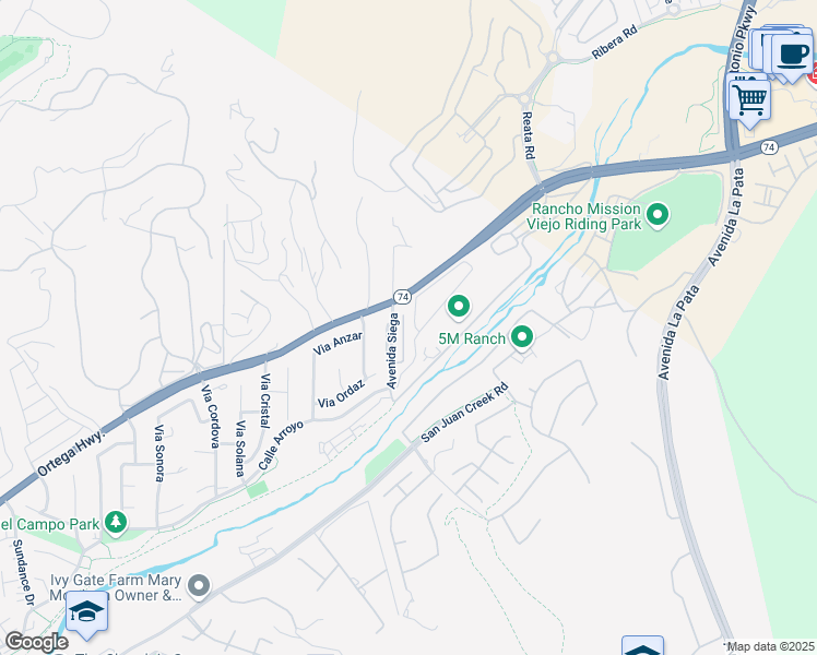 map of restaurants, bars, coffee shops, grocery stores, and more near 28536 Paseo Diana in San Juan Capistrano