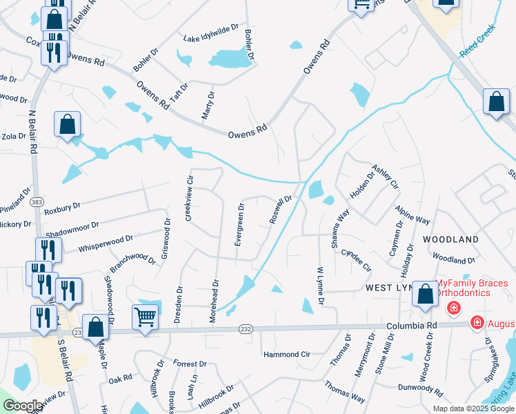 map of restaurants, bars, coffee shops, grocery stores, and more near 101 Mayfield Court in Augusta