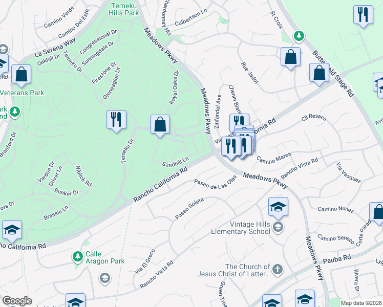 map of restaurants, bars, coffee shops, grocery stores, and more near 42090 Pacific Grove Way in Temecula