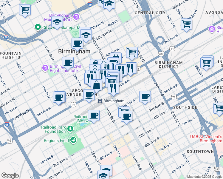 map of restaurants, bars, coffee shops, grocery stores, and more near 2000 Morris Avenue in Birmingham