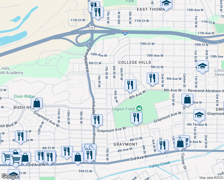 map of restaurants, bars, coffee shops, grocery stores, and more near 865 7th Street West in Birmingham