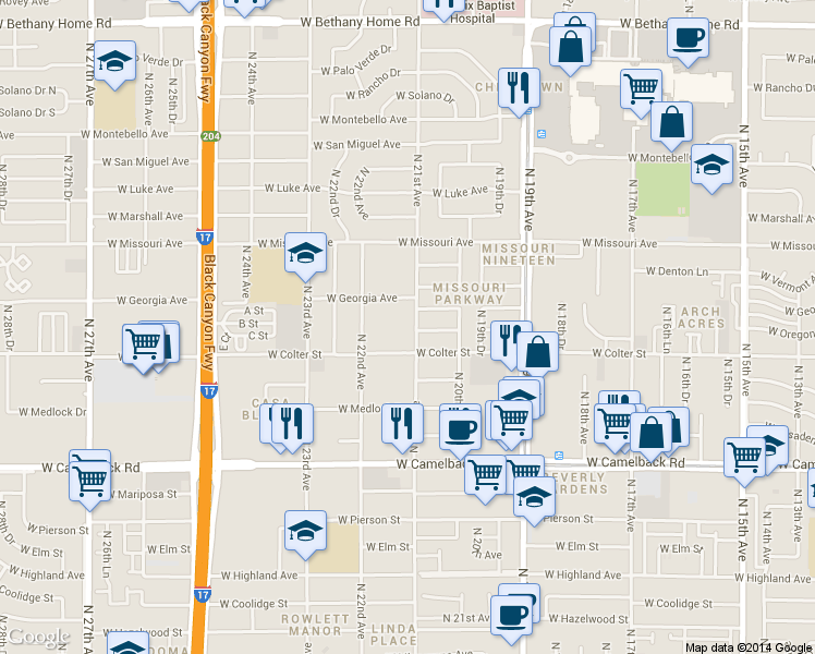 map of restaurants, bars, coffee shops, grocery stores, and more near 5220 North 21st Avenue in Phoenix
