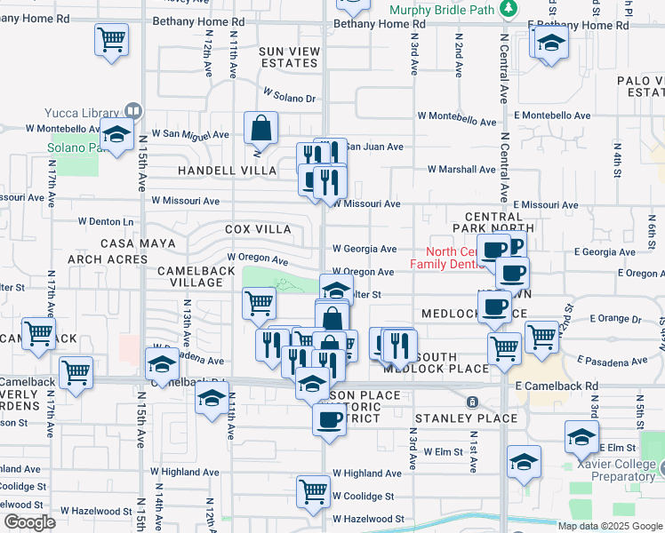 map of restaurants, bars, coffee shops, grocery stores, and more near 527 West Georgia Avenue in Phoenix