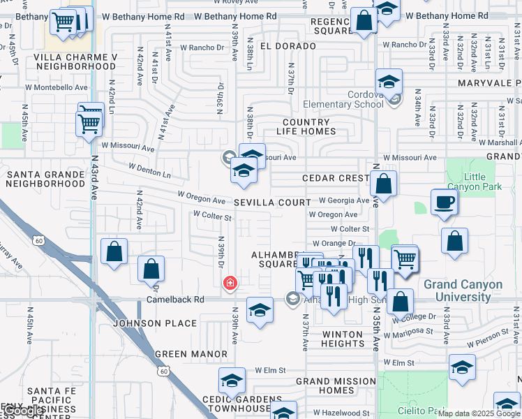 map of restaurants, bars, coffee shops, grocery stores, and more near 3816 West Oregon Avenue in Phoenix