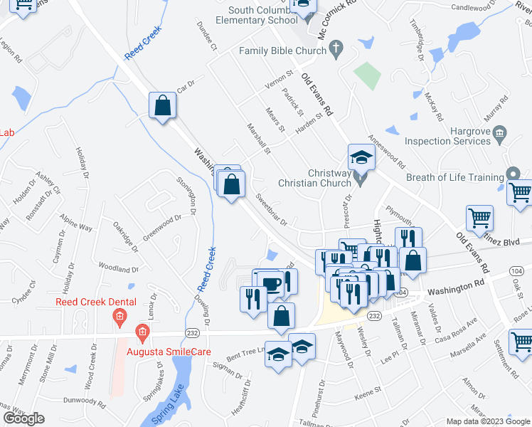 map of restaurants, bars, coffee shops, grocery stores, and more near 4046 Sweetbriar Drive in Augusta