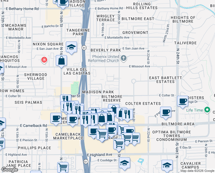 map of restaurants, bars, coffee shops, grocery stores, and more near 5250 North 20th Street in Phoenix