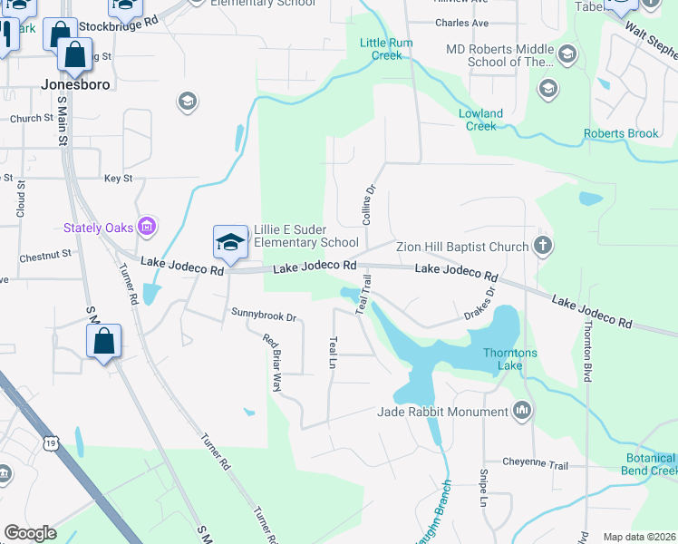 map of restaurants, bars, coffee shops, grocery stores, and more near 1530 Lake Jodeco Road in Jonesboro