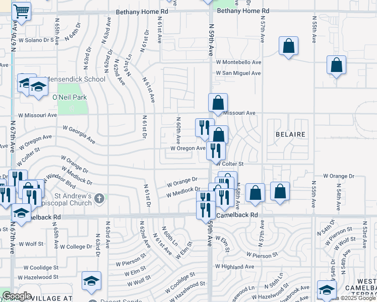 map of restaurants, bars, coffee shops, grocery stores, and more near 5937 West Oregon Avenue in Glendale