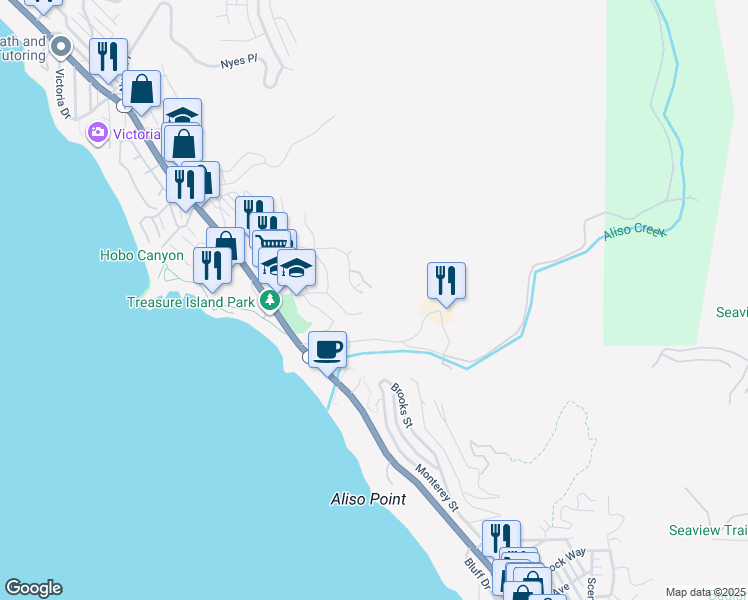 map of restaurants, bars, coffee shops, grocery stores, and more near 21731 Ocean Vista Drive in Laguna Beach