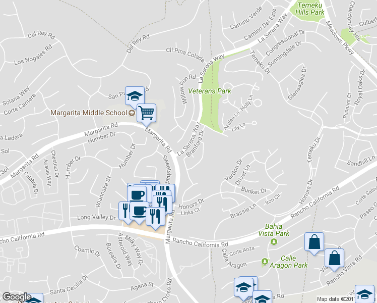 map of restaurants, bars, coffee shops, grocery stores, and more near 30800 Branford Drive in Temecula