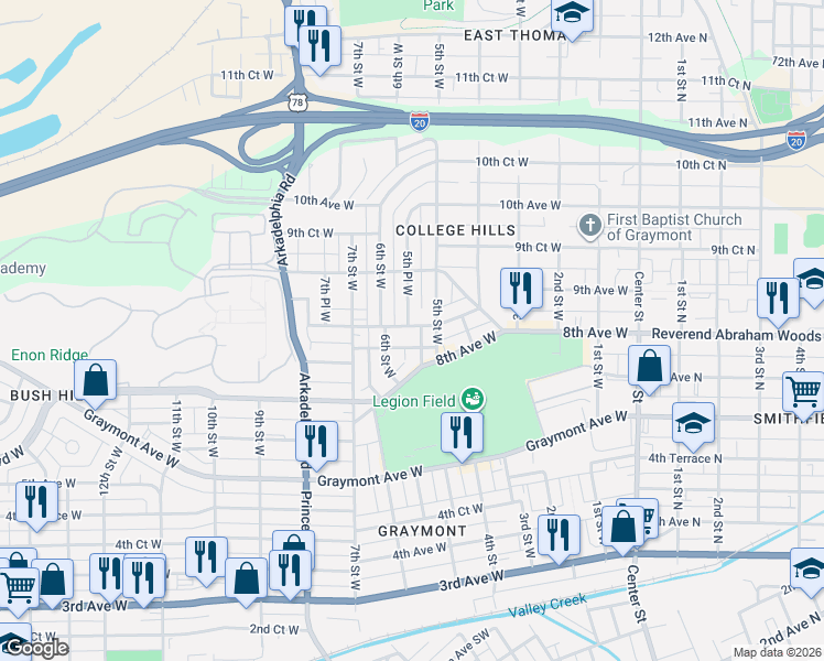 map of restaurants, bars, coffee shops, grocery stores, and more near 858 5th Place West in Birmingham