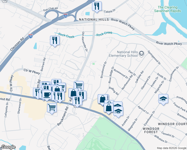 map of restaurants, bars, coffee shops, grocery stores, and more near 1040 Alexander Drive in Augusta