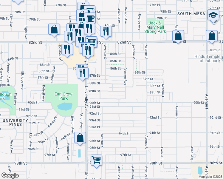 map of restaurants, bars, coffee shops, grocery stores, and more near Avenue West in Lubbock