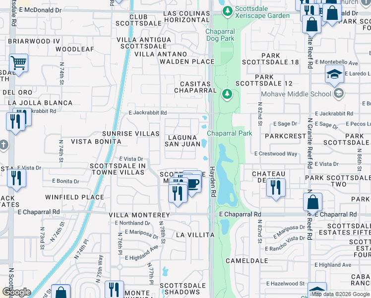 map of restaurants, bars, coffee shops, grocery stores, and more near 5326 North 79th Way in Scottsdale