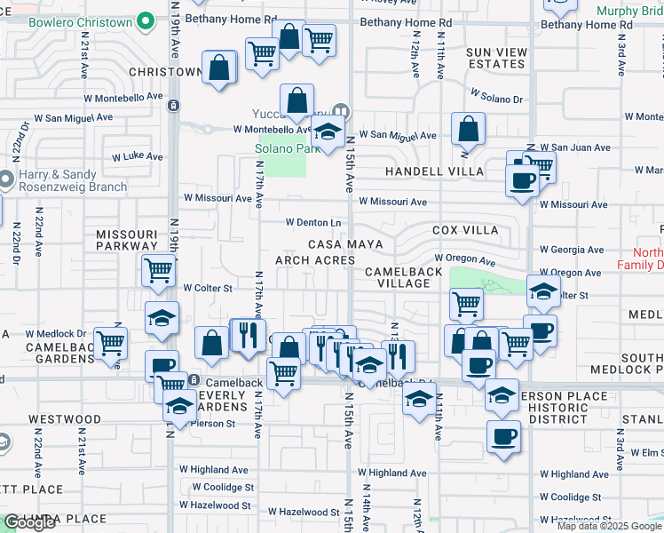 map of restaurants, bars, coffee shops, grocery stores, and more near 1518 West Colter Street in Phoenix