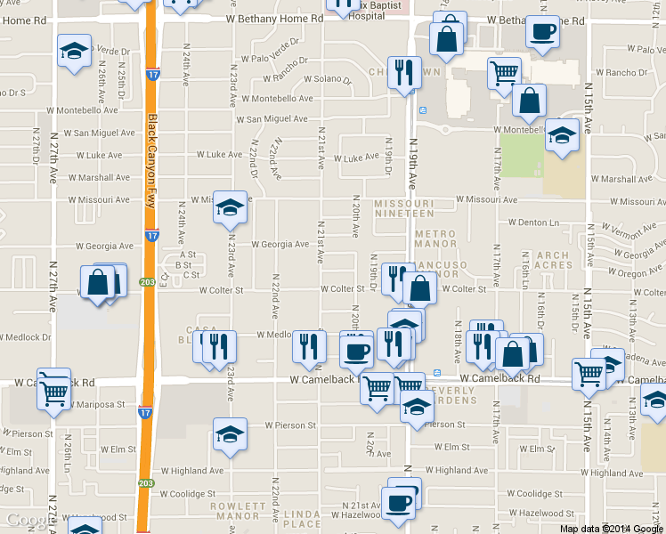 map of restaurants, bars, coffee shops, grocery stores, and more near 2045 West Georgia Avenue in Phoenix