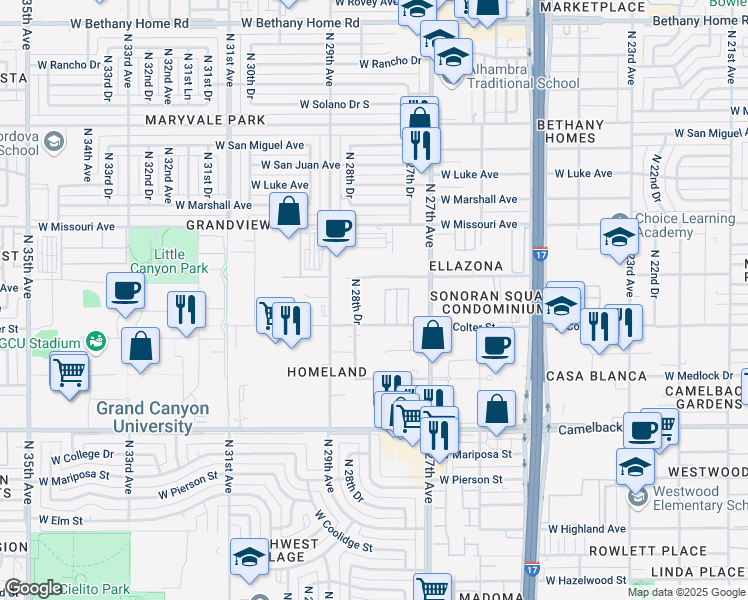 map of restaurants, bars, coffee shops, grocery stores, and more near 2745 West Georgia Avenue in Phoenix