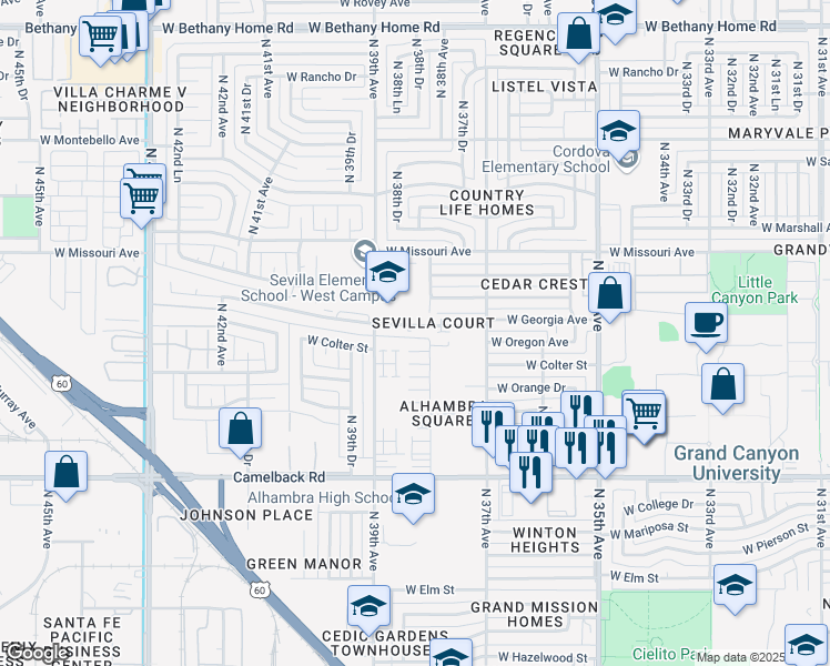 map of restaurants, bars, coffee shops, grocery stores, and more near 3816 West Oregon Avenue in Phoenix