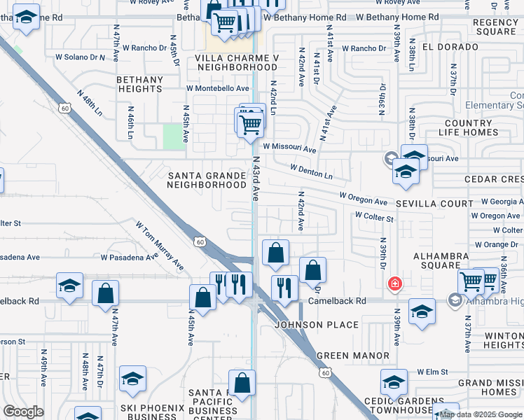 map of restaurants, bars, coffee shops, grocery stores, and more near 5235 North 43rd Avenue in Phoenix