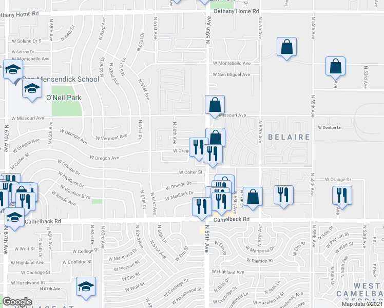 map of restaurants, bars, coffee shops, grocery stores, and more near 110 West Oregon Avenue in Glendale
