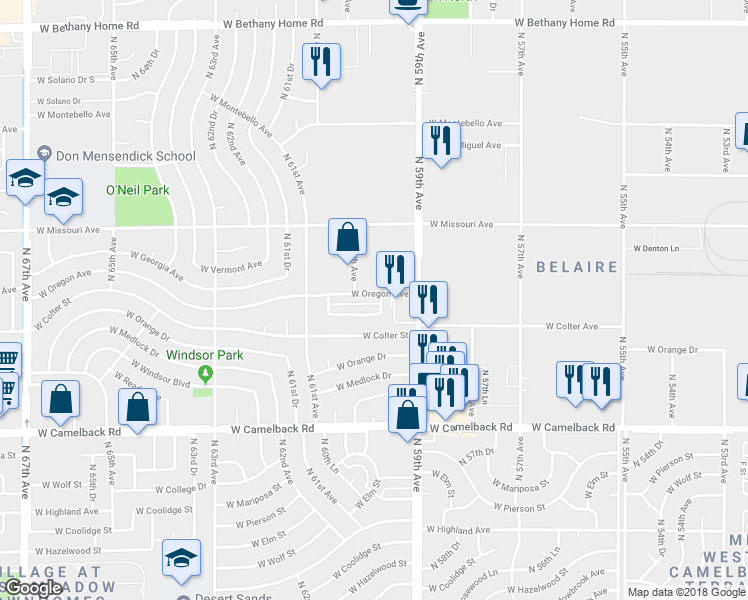 map of restaurants, bars, coffee shops, grocery stores, and more near 110 West Oregon Avenue in Glendale
