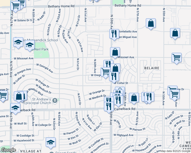map of restaurants, bars, coffee shops, grocery stores, and more near 6002 West Oregon Avenue in Glendale