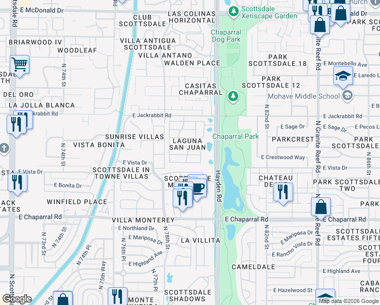 map of restaurants, bars, coffee shops, grocery stores, and more near 5326 North 79th Way in Scottsdale