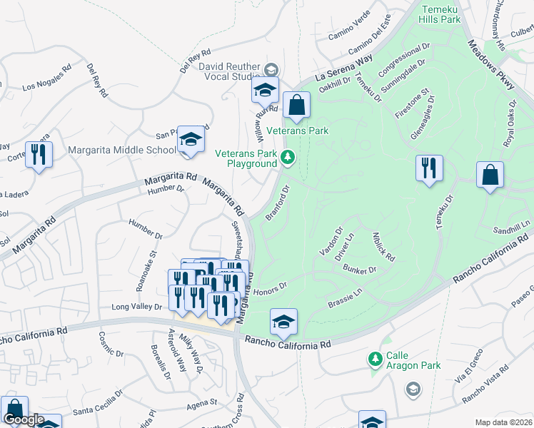map of restaurants, bars, coffee shops, grocery stores, and more near 30800 Branford Drive in Temecula