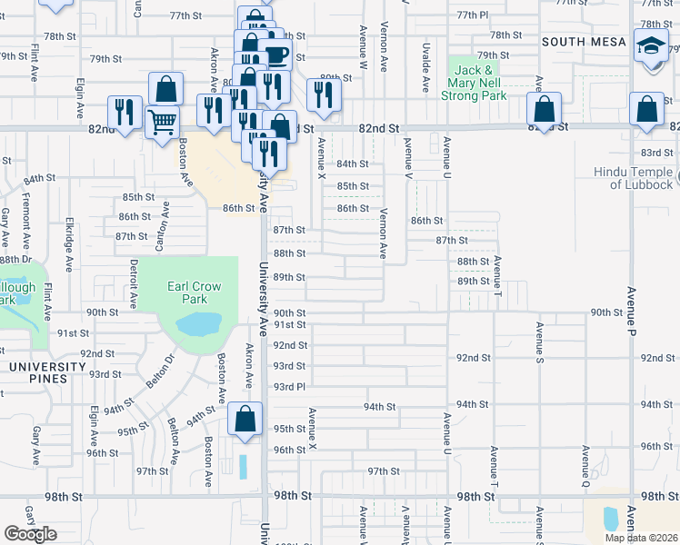map of restaurants, bars, coffee shops, grocery stores, and more near Avenue West in Lubbock