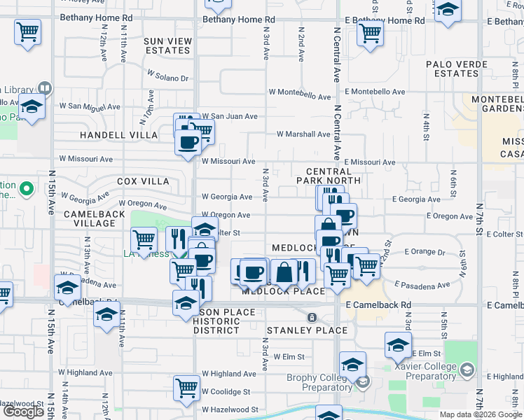 map of restaurants, bars, coffee shops, grocery stores, and more near 305 West Georgia Avenue in Phoenix