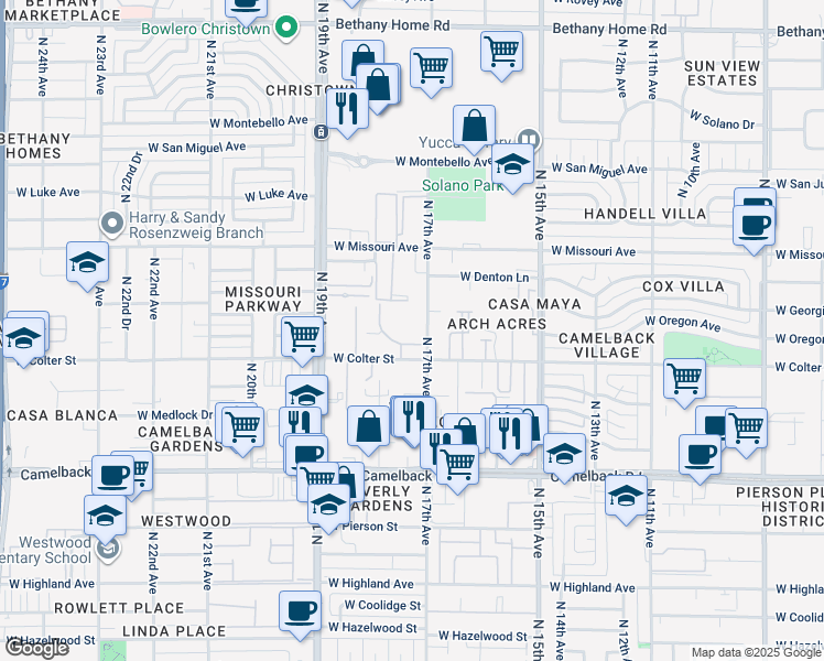 map of restaurants, bars, coffee shops, grocery stores, and more near 5210 North 17th Avenue in Phoenix