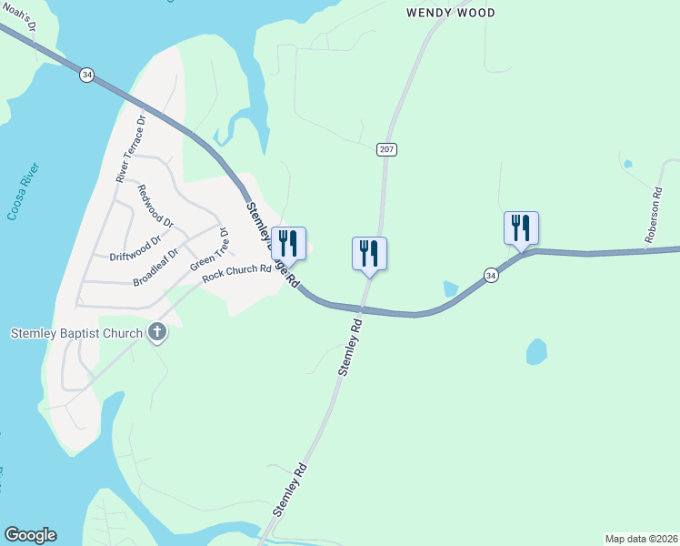 map of restaurants, bars, coffee shops, grocery stores, and more near 4837 Stemley Road in Talladega