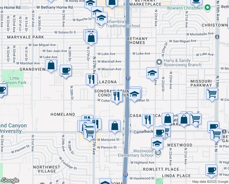 map of restaurants, bars, coffee shops, grocery stores, and more near 2537 West Georgia Avenue in Phoenix
