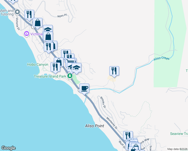 map of restaurants, bars, coffee shops, grocery stores, and more near 21771 Ocean Vista Drive in Laguna Beach