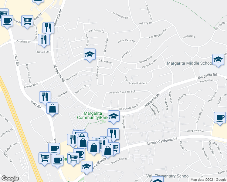 map of restaurants, bars, coffee shops, grocery stores, and more near 29812 Avenida Cima del Sol in Temecula