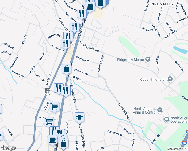 map of restaurants, bars, coffee shops, grocery stores, and more near 328 Sycamore Drive in North Augusta