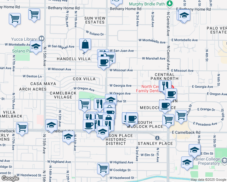 map of restaurants, bars, coffee shops, grocery stores, and more near 527 West Georgia Avenue in Phoenix