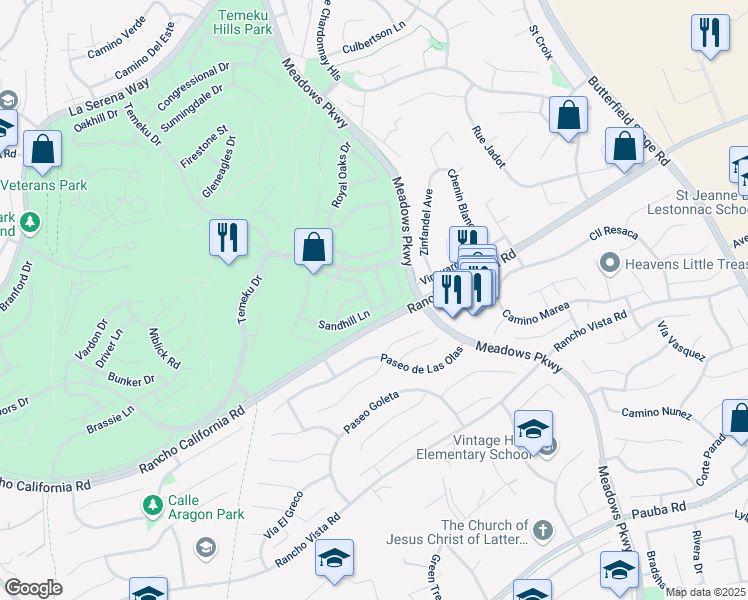 map of restaurants, bars, coffee shops, grocery stores, and more near 42078 Pacific Grove Way in Temecula